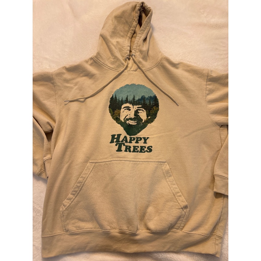 Bob Ross Happy Trees Hoodie Mens XL Tan Beige Graphic Pullover Sweatshirt